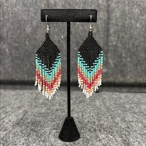 Black and Blue Beaded Chevron Earrings